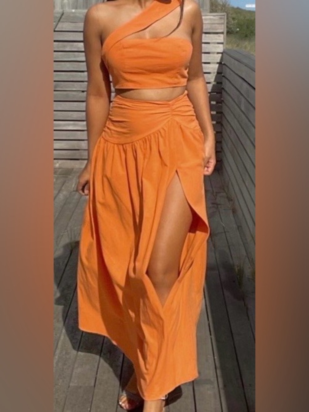 SHEIN - Set Orange Asymmetric High-Slit Maxi Skirt and top